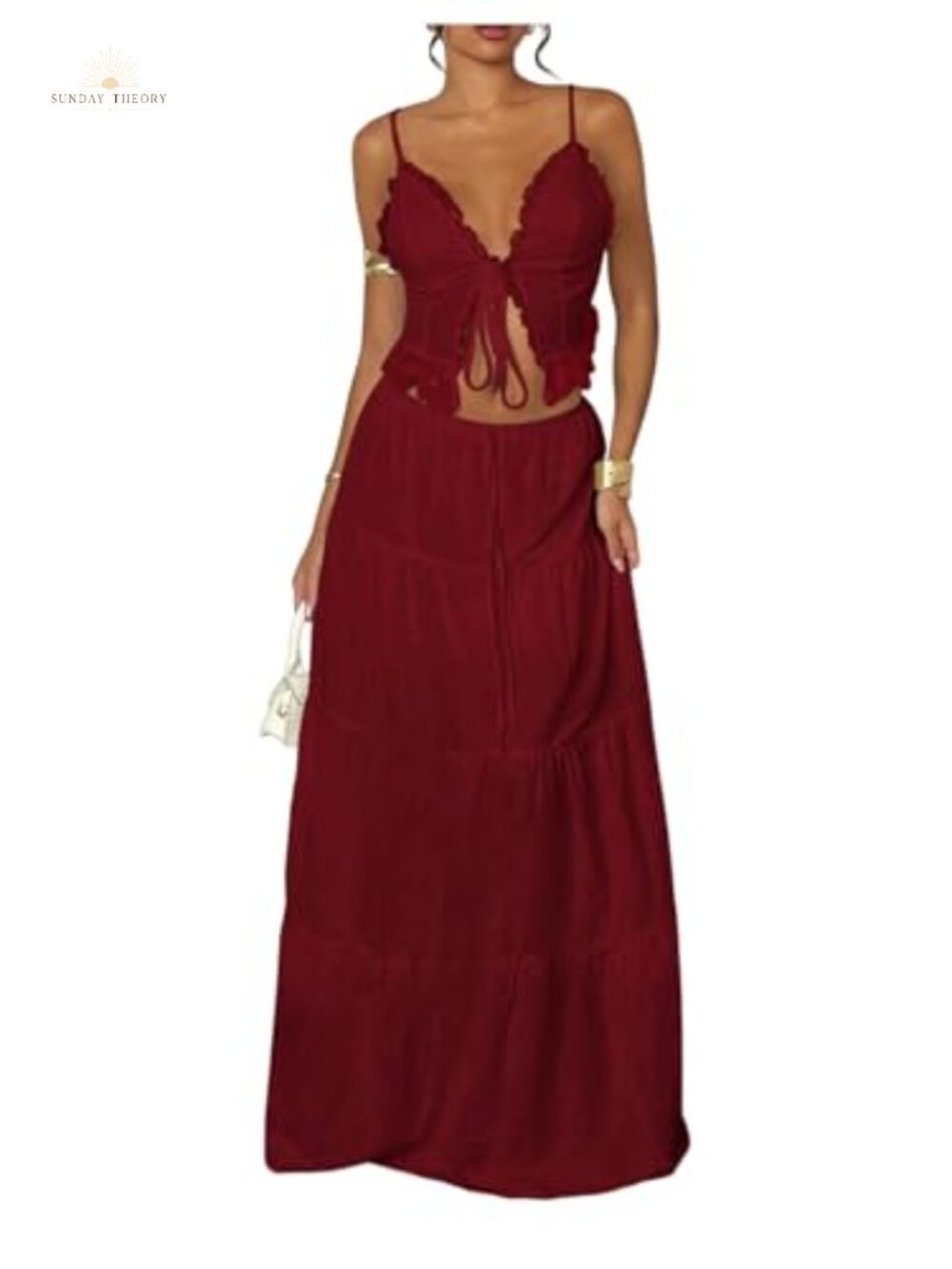 Floerns 2 Piece Set Tie Front Cami Top Tiered Maxi Skirt